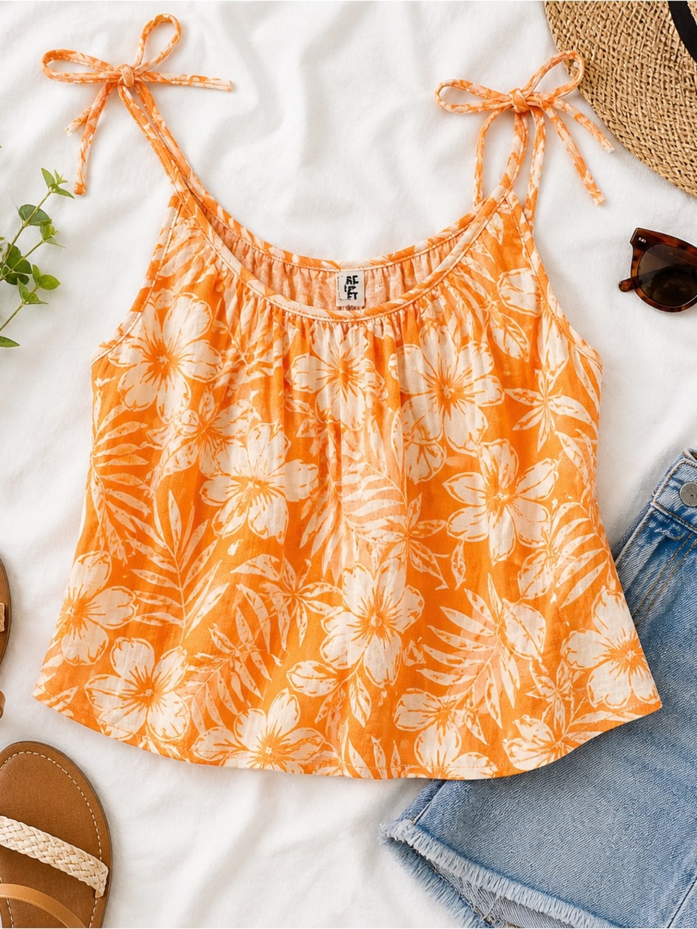 Tropical Floral Tie Strap Tank Orange White Cotton Boho Resort Summer FarWest
